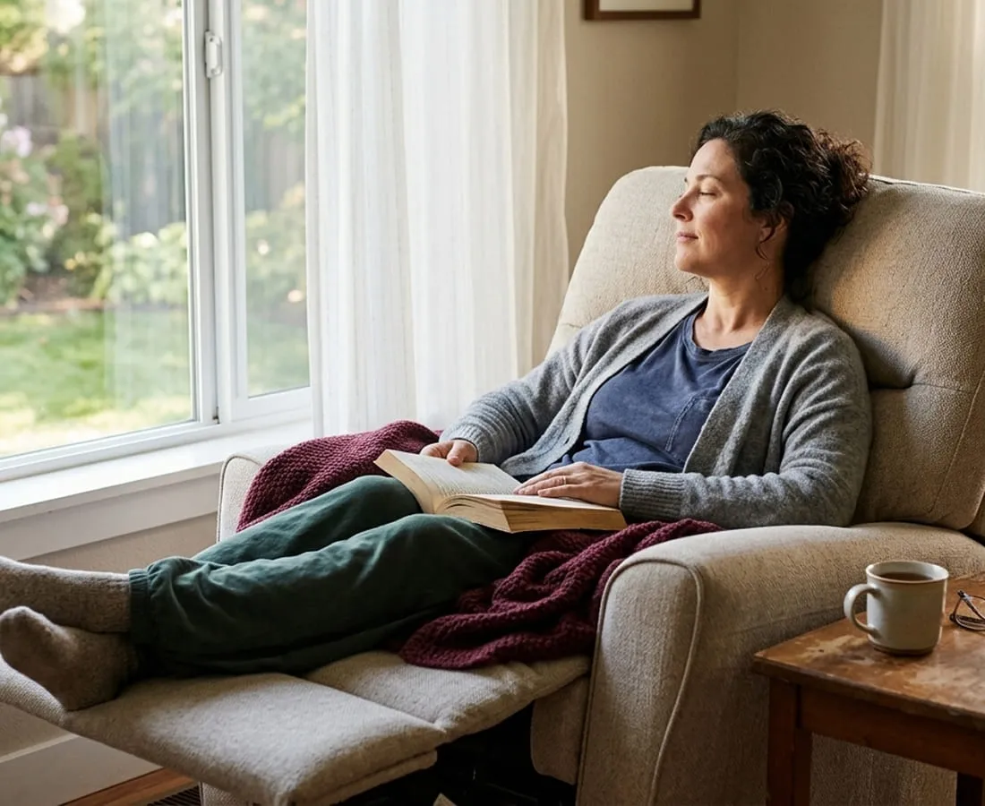 A woman resting in an armchair by a window with a blanket and a hot drink