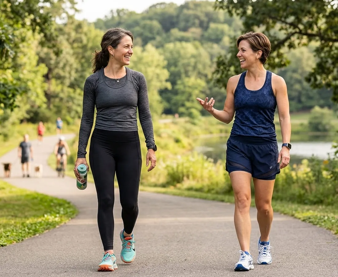 Two women walking and talking along a park path