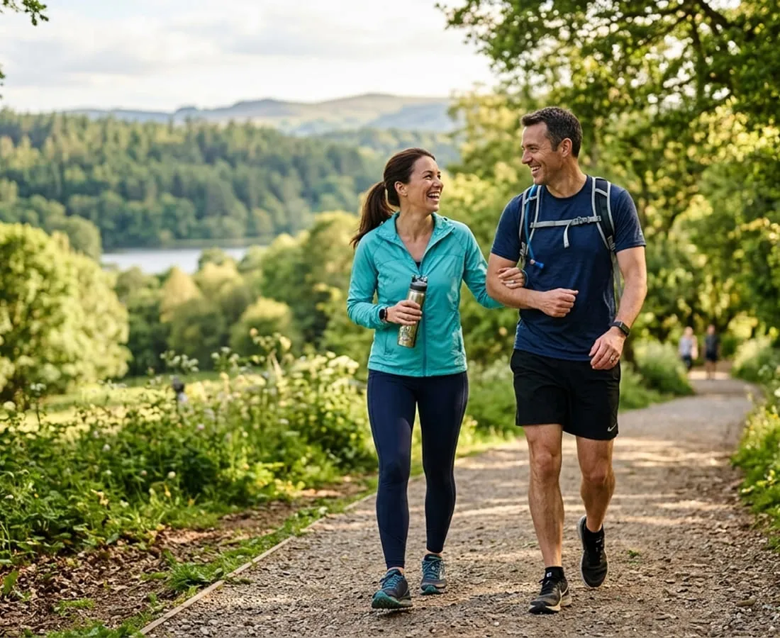 A couple running together along a countryside path above a lake