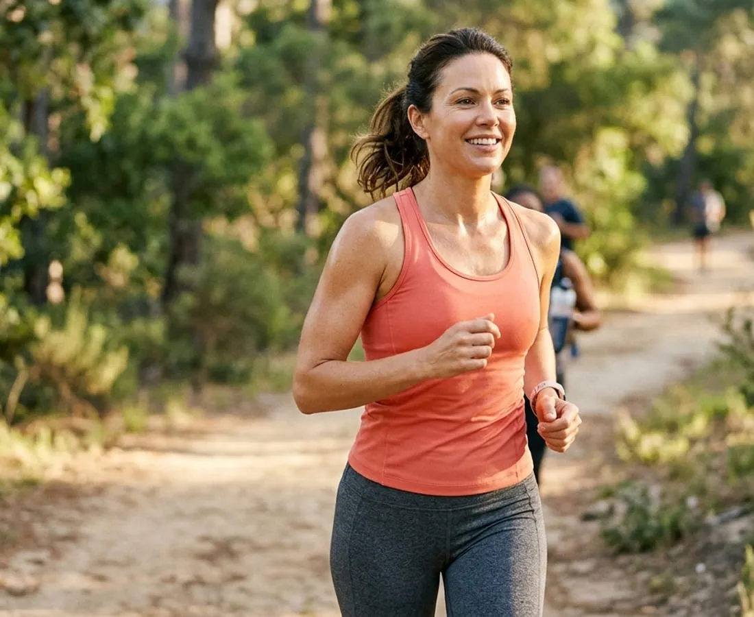 A woman running along a wooded trail on a bright morning