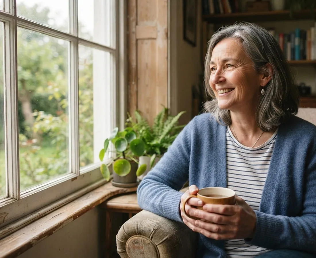 A woman resting at home by a window with a warm drink while she recovers