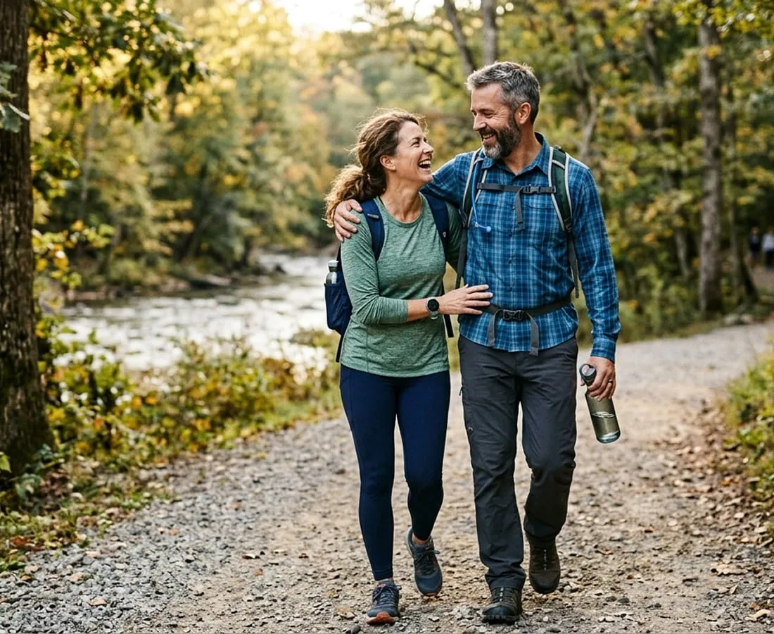 A couple walking arm in arm along a riverside trail