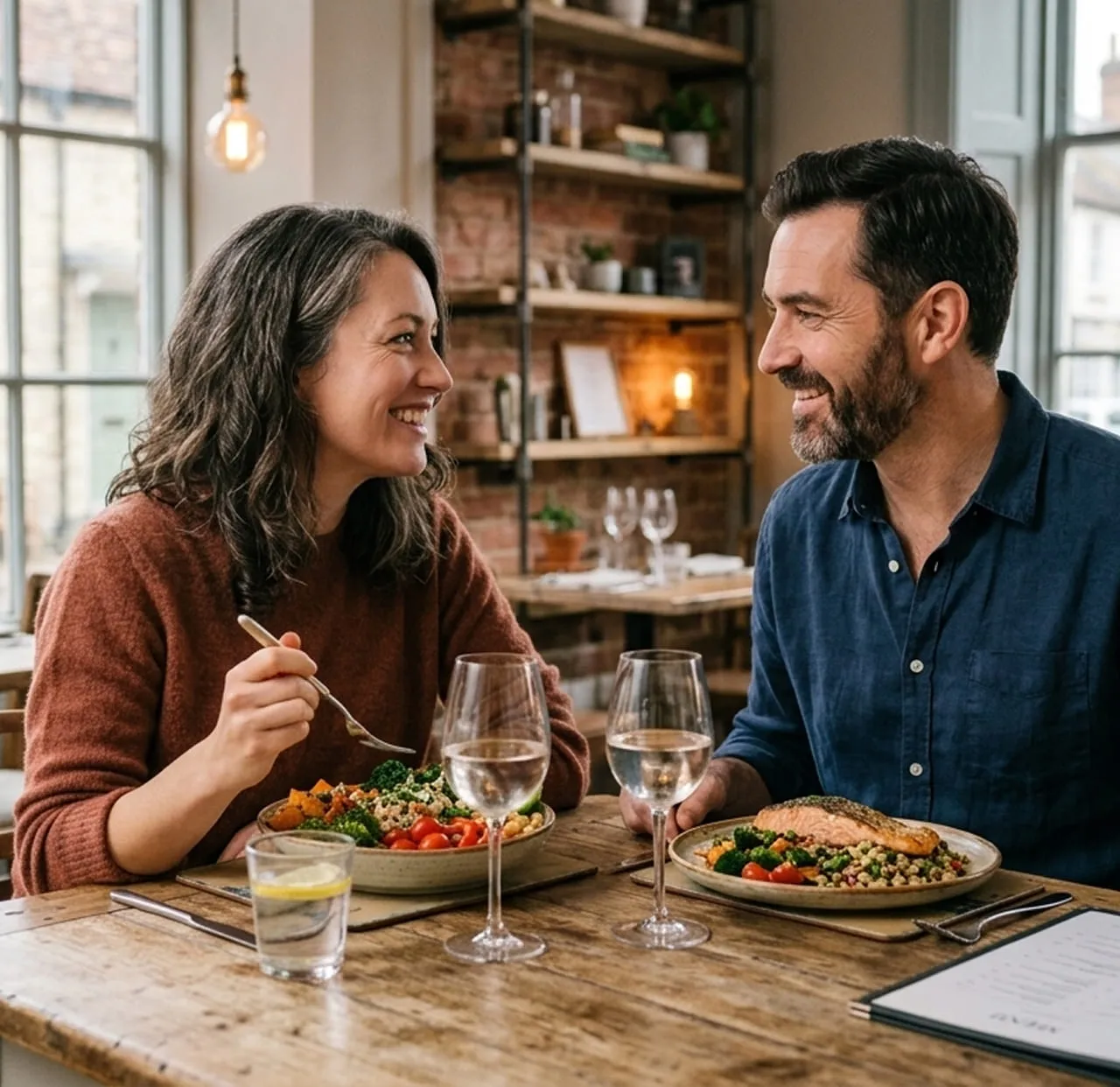 A couple sharing a relaxed dinner out