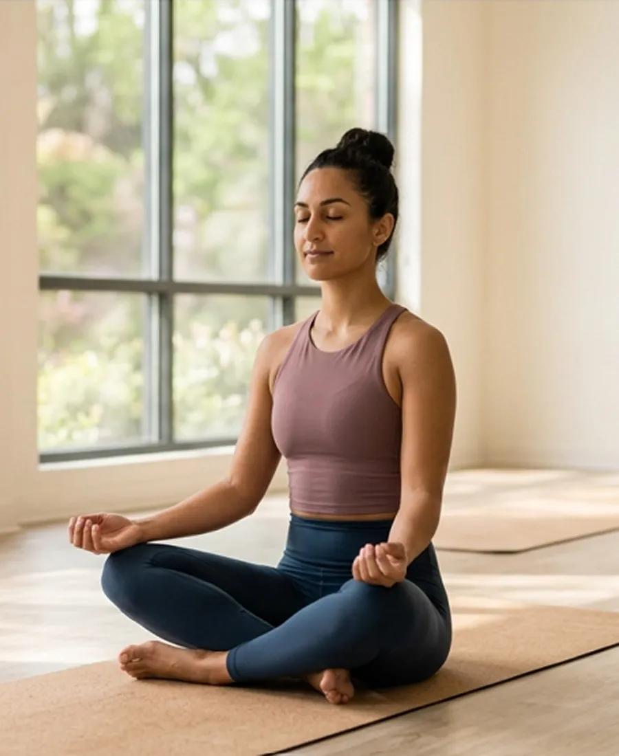A Bloom La Vie Health member sitting cross-legged on a yoga mat